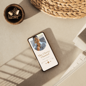 image of a phone screen set to a podcast style page with a black woman and warm neutral colors in the background.